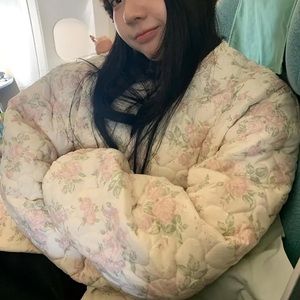 Floral heart quilted jacket coat cotton print pockets white pink NWT